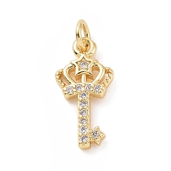 Oro Micro latón allanan colgantes cúbicos del zirconia, con anillo de salto, llave de corona con amuleto de estrella, dorado, 16x8x1.5 mm, agujero: 2.8 mm