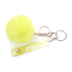 Yellow Wool Ball Keychain, with Iron Findings and PVC & Acrylic Card Holder, Yellow, 10x2cm