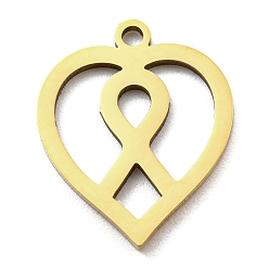 Real 18K Gold Plated Ion Plating(IP) 316L Surgical Stainless Steel Pendants, Laser Cut, Heart with Awareness Ribbon Charm, Real 18K Gold Plated, 17x14x1mm, Hole: 1.4mm