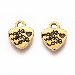 Antique Golden Tibetan Style Alloy Charms, Cadmium Free & Lead Free, Valentine's Day, Heart with Made with Love, Antique Golden, 12.2x10x1.8mm, Hole: 2mm