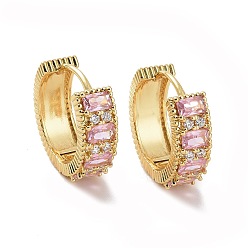 Pink Cubic Zirconia Rectangle Hoop Earrings, Golden Brass Jewelry for Women, Pink, 20.5x22x7mm, Pin: 1.2mm