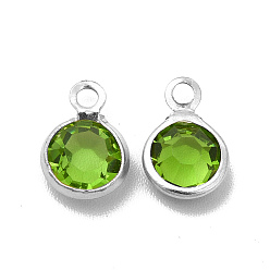 Yellow Green 304 Stainless Steel with Glass Charms, Stainless Steel Color, Faceted Flat Round, Yellow Green, 9.5x6.5x2mm, Hole: 1.5mm