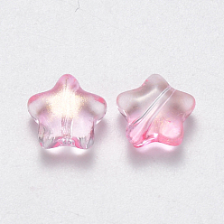 Pink Perles de verre imprimées , avec de la poudre de paillettes, étoiles, rose, 8x8.5x4mm, Trou: 1mm