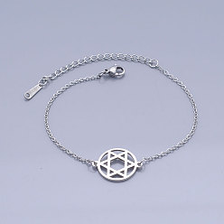 Stainless Steel Color 201 Stainless Steel Link Bracelets, for Jewish, with Lobster Claw Clasps, Flat Round with Star of David, Stainless Steel Color, 6-5/8 inch~6-7/8 inch(16.7~17.4cm)