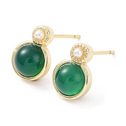 Real 18K Gold Plated Natural Green Onyx Agate Half Round Dangle Stud Earrings, Rack Plating Brass Earrings with Acrylic Pearl Beaded, Cadmium Free & Lead Free, Real 18K Gold Plated, 11x8mm