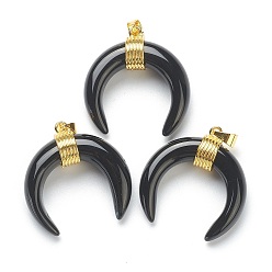 Obsidienne Pendentifs en obsidienne naturelles, avec les accessoires en laiton dorés, double corne / croissant de lune, 31~33x30x10mm, Trou: 6x4mm