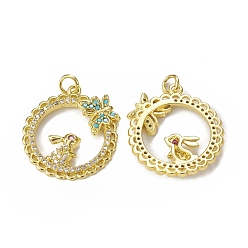 Golden Brass Micro Pave Cubic Zirconia Pendants, with Jump Ring, Lacy Ring with Rabbit & Butterfly Charm, Golden, 24x22x3mm, Hole: 3mm
