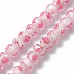 Pink Handmade Silver Foil Glass Lampwork Beads Strands, Inner Flower, Faceted Rondelle, Pink, 11~12x8~9mm, Hole: 1.6~2mm, about 45pcs/strand, 17.3 inch