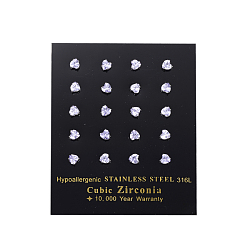 Purple Cubic Zirconia Ear Studs, with 304 Stainless Steel Bases, 316 Surgical Stainless Steel Pin, Grade AAA, Heart, Purple, 3x3mm, Pin: 0.8mm