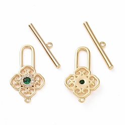 Real 18K Gold Plated Brass Pave Green Cubic Zirconia Toggle Clasps, Flower Lock, Real 18K Gold Plated, Bar: 23x4x2mm, Hole: 1.2mm, Flower: 24.5x13.5x2.5mm, hole: 1mm