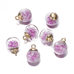 Orchid Luminous Glow in the Dark Glass Ball Pendant, Wish Bottle Charms, Orchid, 21.5x16mm, 5Pcs/bag