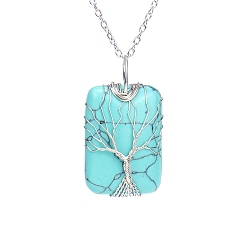 Synthetic Turquoise Synthetic Turquoise Pendant Necklace with Brass Cable Chains, Rectangle with Tree, 20.47 inch(52cm)