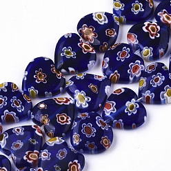 Blue Handmade Millefiori Lampwork Beads Strands, Heart, Blue, 11~12x12x4~5mm, Hole: 1mm, about 32~33pcs/strand, 12.72 inch~13.78 inch(32.3~35cm)