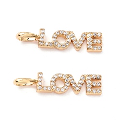 Real 18K Gold Plated Brass Micro Pave Clear Cubic Zirconia Pendants, Long-Lasting Plated, Lead Free & Cadmium Free & Nickel Free, Love Word Shape, Mother's Day, Real 18K Gold Plated, 23.5x5.5x2mm, Hole: 3x4.5mm
