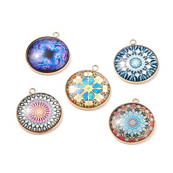 Golden Glass Pendants, with 304 Stainless Steel Pendant Cabochon Setting, Flat Round, Golden, 30x26x6mm, Hole: 2.3mm