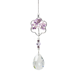 Indigo K9 Crystal Glass Big Pendant Decorations, Hanging Sun Catchers, with Amethyst Chip Beads, Flower with Tree of Life, Indigo, 392x46mm