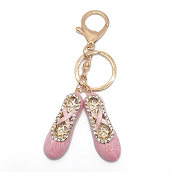 Pink Crystal Rhinestone Ballet Shoes Keychains, with Enamel, KC Gold Plated Alloy Charm Keychain, Pink, 11.6x1.65cm