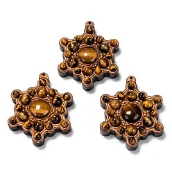Tiger Eye Beech Wood Pendants, with Natural Tiger Eye Beads, Star, 45x36.5x11.5mm, Hole: 1mm