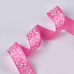 Hot Pink Single Face Satin Ribbon, Polyester Ribbon, Flower Pattern, Hot Pink, 1 inch(25mm), about 50yards/roll(45.72m/roll)