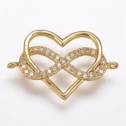 Golden Brass Micro Pave Cubic Zirconia Links, Heart and Infinity, Polyamory Charm, Golden, 15x22.5x2mm, Hole: 1mm