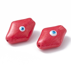 Brique Rouge Des billes de verre, avec l'émail, losange avec motif mauvais œil, firebrick, 28x19x12mm, Trou: 1.2mm