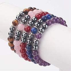 Mixed Stone Non-Magnetic Synthetic Hematite Beaded Stretch Bracelets, with Natural Mixed Stone Beads, Stainless Steel Color, 55mm