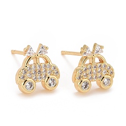 Real 18K Gold Plated Clear Cubic Zirconia Vehicle Car Stud Earrings, Real 18K Gold Plated Brass Jewelry for Women, Cadmium Free & Lead Free, Real 18K Gold Plated, 10x9mm, Pin: 0.8mm