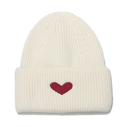 Blanc Bonnet à revers en fil de fibre de polyacrylonitrile, bonnet d'hiver en tricot à motif de cœur pour femmes, blanc, 560~580mm