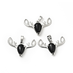 Obsidian Natural Obsidian Pendants, with Platinum Tone Brass Findings, Lead Free & Cadmium Free, Deer Head Charms, 23~24x34x7.5mm, Hole: 5x8mm