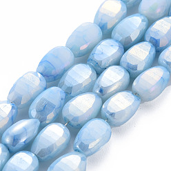 Light Sky Blue Opaque Baking Painted Crackle Glass Beads Strands, Faceted, AB Color Plated, Melon Seeds, Light Sky Blue, 9x6x4.5mm, Hole: 1.2mm, about 50pcs/strand, 17.32 inches(44cm)