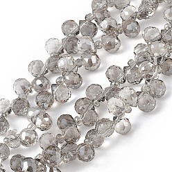Dark Gray Transparent Electroplate Glass Beads Strands, Faceted, Top Drilled Teardrop, Pearl Luster Plated, Dark Gray, 8x6~6.5mm, Hole: 0.8mm, about 98~100pcs/strand, 18.90~26.77 inch(48~68cm)