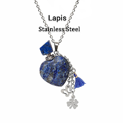 Chrysocolla and Lapis Lazuli Natural Chrysocolla and Lapis Lazuli Teardrop Perfume Bottle Pendant Necklace with Staninless Steel Butterfly Flower and Random Color Tassel Charms, Essential Oil Vial Jewelry for Women, 18.11 inch(46cm)