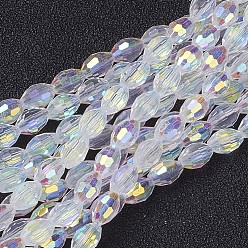 Blanc Perles en verre electroplate, de couleur plaquée ab , ovale à facettes, blanc, 6x4mm, Trou: 1mm, Environ 67~68 pcs/chapelet