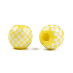 Yellow Opaque Resin European Beads, Large Hole Beads, Round with Tartan Pattern, Yellow, 19.5x18mm, Hole: 6mm