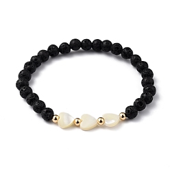 Lava Rock Stretch Beaded Bracelets, with Heart Natural Trochid Shell Beads, Round Natural Lava Rock Beads and Golden Plated Brass Beads, Inner Diameter: 2-1/8 inch(5.5cm)