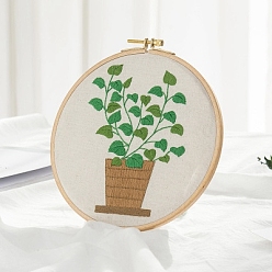 Lime Green Plant Pattern DIY Embroidery Beginner Kit, including Embroidery Needles & Thread, Cotton Linen Fabric, Lime Green, 27x27cm