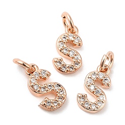 Real Rose Gold Plated Brass Micro Pave Grade AAA Cubic Zirconia Charms, Letter S, Cadmium Free & Nickel Free & Lead Free, Real Rose Gold Plated, 9x5x1.5mm, Hole: 2mm