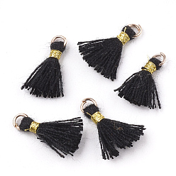 Black Polycotton(Polyester Cotton) Tassel Pendant Decorations, Mini Tassel, with Iron Findings and Metallic Cord, Light Gold, Black, 10~15x2~3mm, Hole: 1.5mm