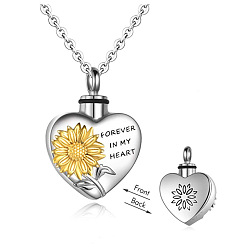 Platinum Alloy Heart with Sunflower Urn Ashes Pendant Necklace, Word Forever In My Heart Memorial Jewelry for Men Women, Platinum, 24.41 inch(62cm)