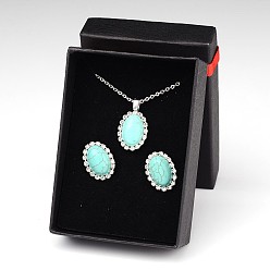Synthetic Turquoise Trendy Synthetic Turquoise Pendant Necklaces and Ear Studs Jewelry Sets, with Silver Color Plated Brass Rhinestone Cup Chain, 18 inch, 19x15x5mm, Pin: 0.8mm, 1set/box