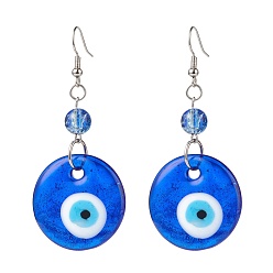 Blue Lampwork Evil Eye Dangle Earrings, Brass Jewelry for Women, Blue, 67.5~68mm, Pin: 0.5mm
