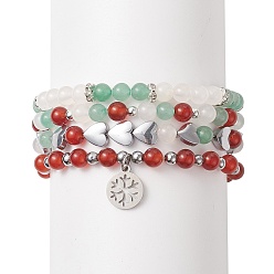 Mixed Stone Natural Carnelian(Dyed & Heated) & Green Aventurine & White Agate Beaded Stretch Bracelet Set with Non-magnetic Synthetic Hematite Heart, 304 Stainless Steel Snowflake Charm Bracelet for Women, Inner Diameter: 2-1/2 inch(6.5cm), 4pcs/set