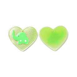 Vert Printanier Pendentifs acryliques, avec émail et poudre scintillante, coeur avec motif éléphant, vert printanier, 26x29.5x2mm, Trou: 1.5mm