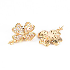 Real 18K Gold Plated Brass Micro Pave Clear Cubic Zirconia Peg Bails Pendants, for Half Drilled Bead, Nickel Free, Four Leaf Clover, Real 18K Gold Plated, 27x18.5x6mm, Hole: 2mm, Pin: 0.8mm
