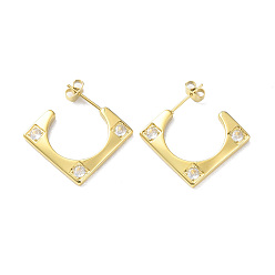 Clear Cubic Zirconia Rectangle Stud Earrings, Golden 304 Stainless Steel Half Hoop Earrings for Women, Clear, 19.5x20.5x2.5mm, Pin: 0.7mm
