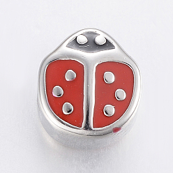 Stainless Steel Color 304 Stainless Steel European Enamel Beads, Large Hole Beads, Ladybird, Red, Stainless Steel Color, 11x10x8mm, Hole: 5mm