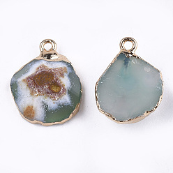 Teal Electroplate Natural Agate Pendants, with Brass Findings, Faceted, Dyed, Golden, Aqua, 17~22x14~18x5~10mm, Hole: 1.8mm