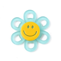 Cyan Acrylic Cabochons, with Glitter Powder, Flower with Smiling Face, Cyan, 37x4.5mm