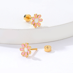 Pink Real 18K Gold Plated Stainless Steel Stud Earrings for Women, Daisy Flower, Pink, No Size