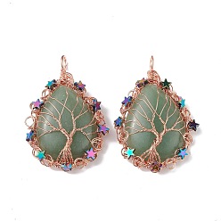 Green Aventurine Natural Green Aventurine Big Pendants, Teardrop Charms, with Rack Plating Rose Gold Plated Copper Wire Tree and Non-magnetic Hematite Star Beads, Cadmium Free & Lead Free, 63~65x39~43x9~11mm, Hole: 6~6.5x4.5~5mm